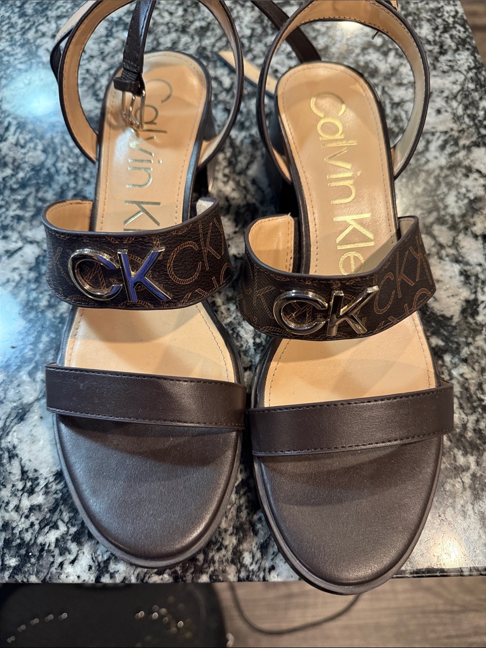 Calvin Klein Brown Logo Strap Block Heel Sandals